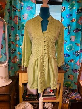 Woman Within Pale Green Tunic Top with Button Front